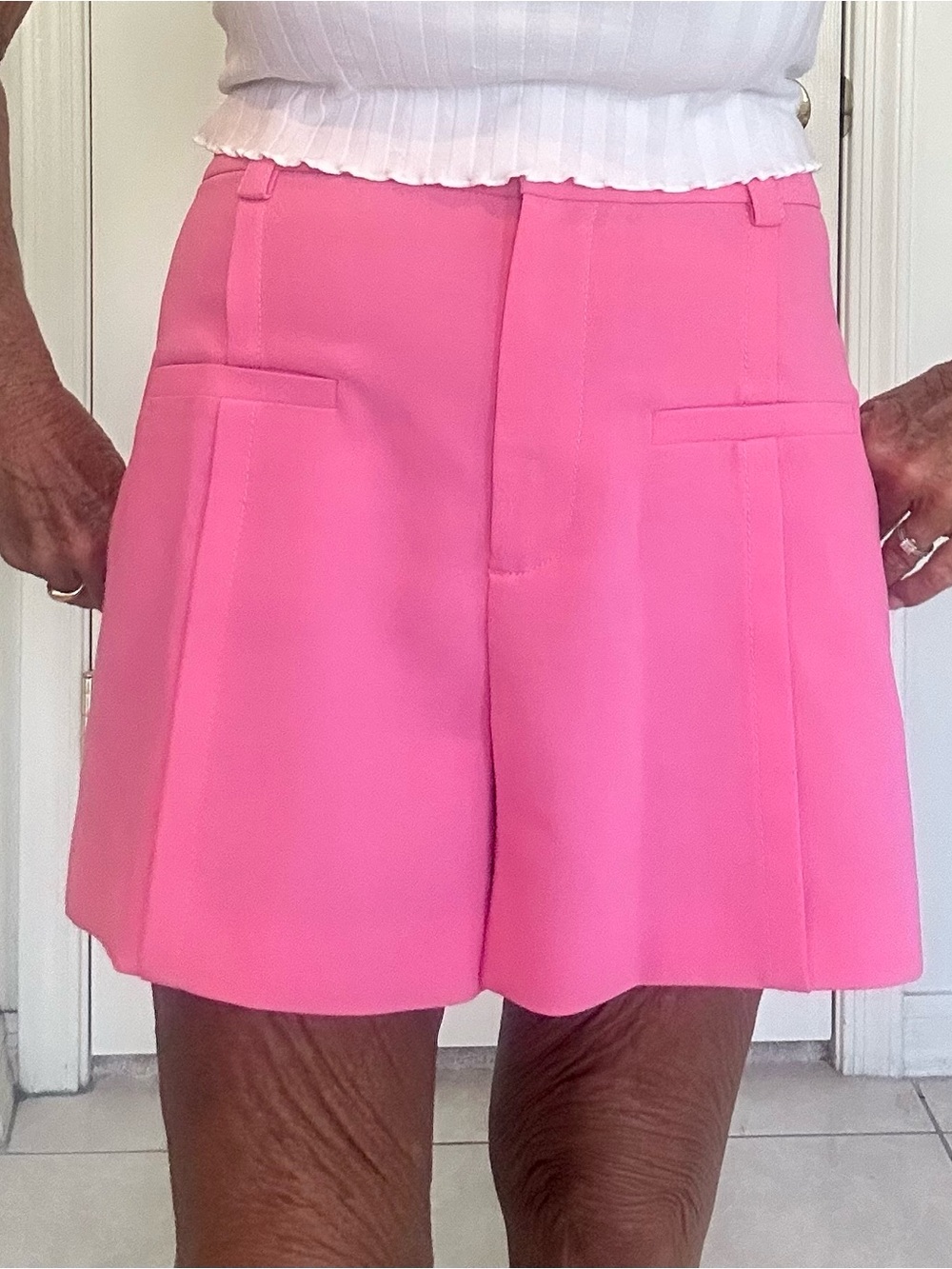 Zara Bright Pink High-Rise Tailored Bermuda Shorts Medium Lined Pockets LN